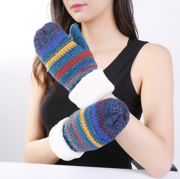 Gloves Winter Women Fahion Mixed Color Striped Knitted Wool Thickened Mittens Warm Ski Gloves
