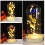 Gold plated Rose With LED Light In Glass Dome Beauty And The Beast Flowers For Wedding Party Mother's Day Gift