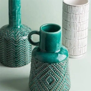 Green jade color crackle glaze home decor porcelain flower vases / embossed surface antique decorative ceramic vase