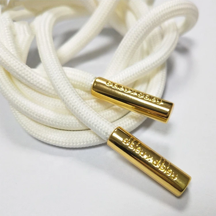 High Quality White Round Shoelaces With Gold Printed Metal Tips