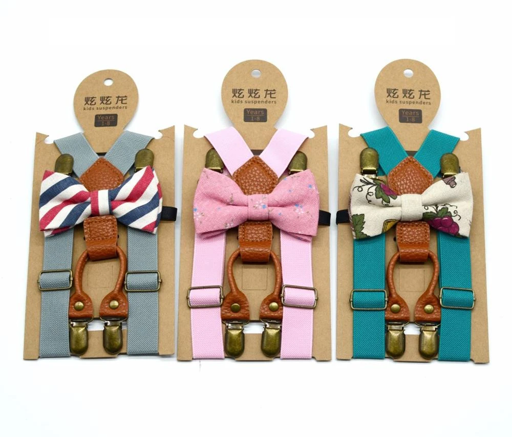 Hot Sale Children&#x27;s Fashion Solid Color Strap 4 Clips+Bow Tie Suit Baby Boys And Girls Suspenders
