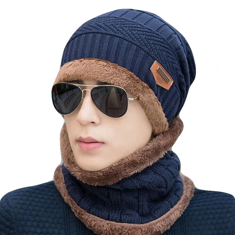 Hot Selling 2pcs Ski Cap and Scarf Cold Warm Leather Winter Hat for Women Men Knitted Hat Bonnet Warm Cap Beanies