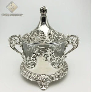 Hot selling Metal silver plated round glass sugar pot with cover