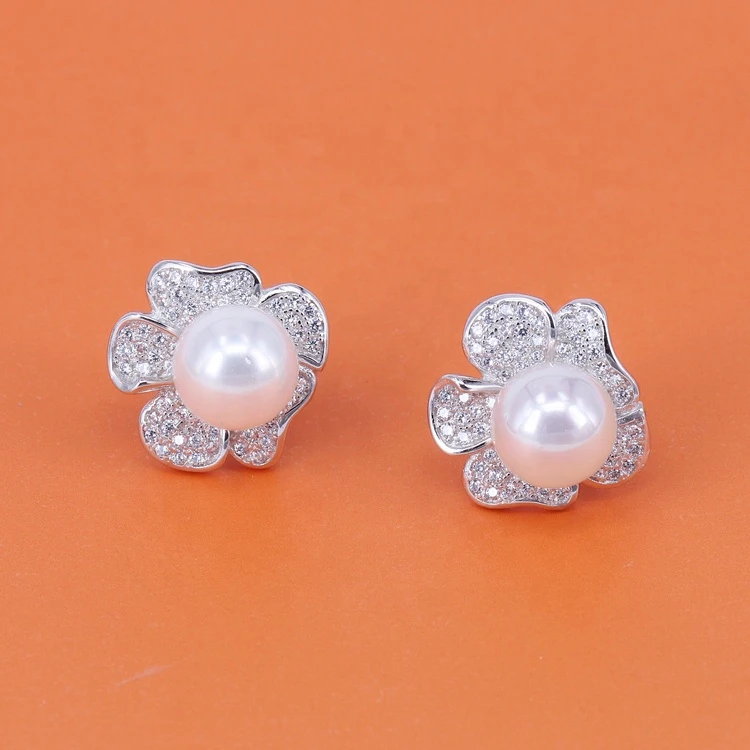 Import high quality ladies pearl flower stud earrings 925 sterling silver