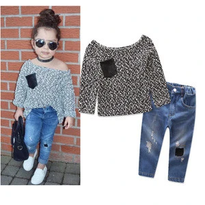 Kids Clothes Clothing Autumn New Set Girls Stylish Ripped Jeans and Top Sweater 2-7T