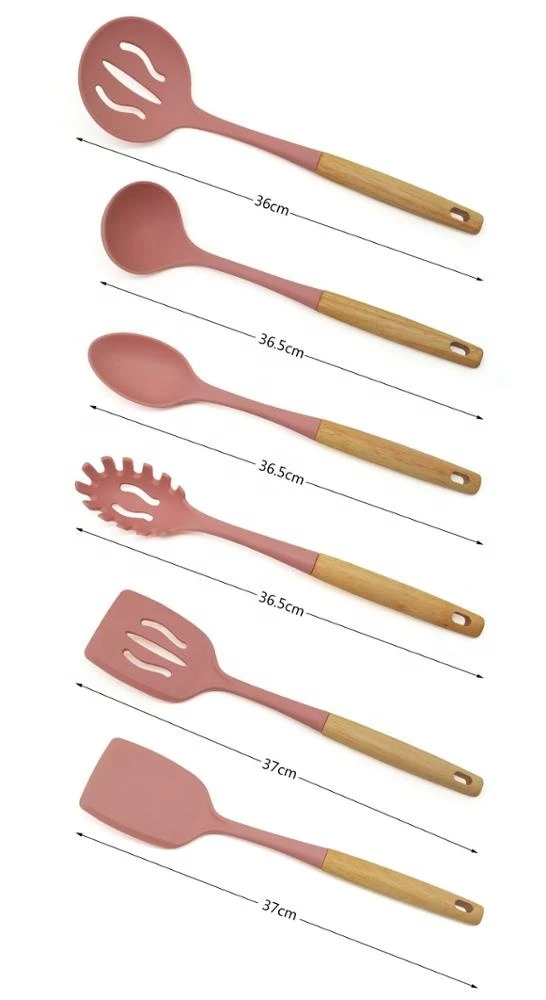 KingForce silicone kitchen tools set 6 pcs non stick cookware set Wooden Holder Spatula silicone spatula set