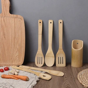 Kitchen Bamboo Cooking Utensils Set Bamboo Spoons &amp; Spatulas 1 Holder Heat Resistant for Non Stick Cookware