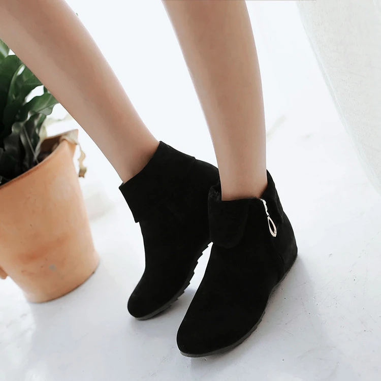 Ladies Frosted Lapel Ankle Boots Flat Suede Leather Side Zipper Shoes