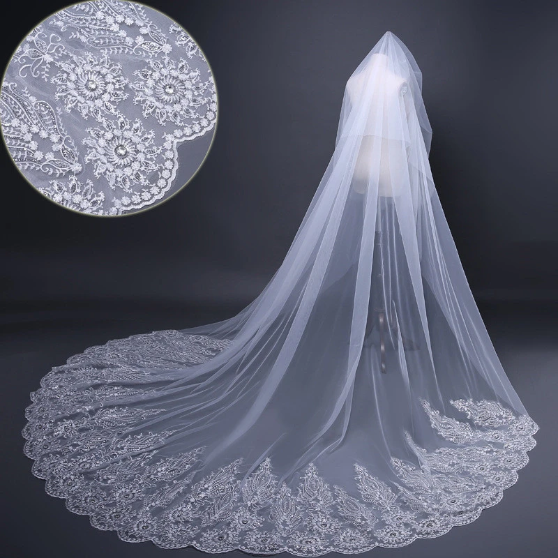 long lace applique sequins rhinestone wedding veils