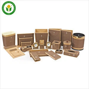 Manufacture light brown leather accessories set leather amenities box for hotel