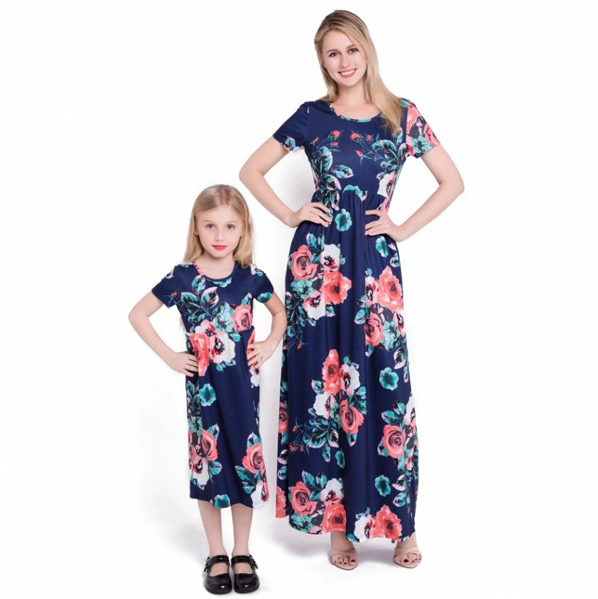 Matching Family Outfits Mother and Daughter Dress Parent-child Clothes Parentage Clothing Floral Printed Long Dress