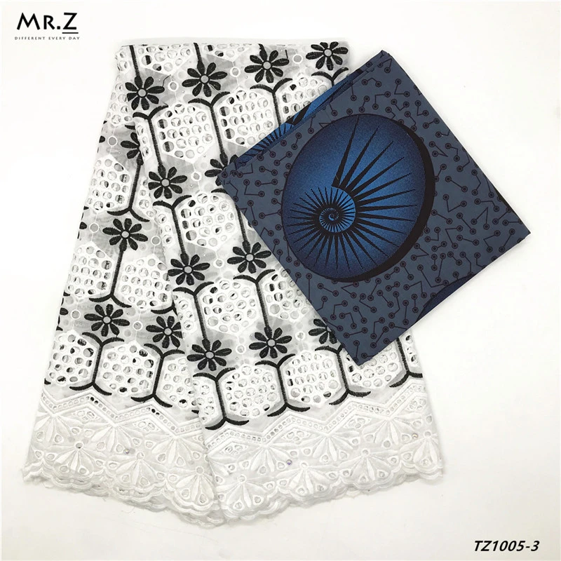 Mr.Z African Fashion Style Cotton Prints Wax Fabrics With Swiss Voile Lace Fabric 3+2.5 Yards/Set