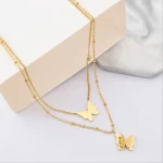 New Arrival Double Layer High Polished Frosted Butterfly Pendant Necklace 316L Stainless Steel Jewelry Necklace