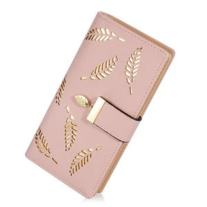 New ladies wallet sweet ladies PU leather cross-section zipper womens long section hollow leaves wallet