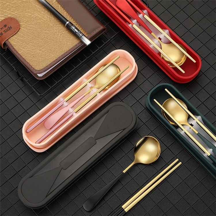Newest item reusable stainless steel round spoon and chopsticks traveling cutlery set portable utensils flatware set with case