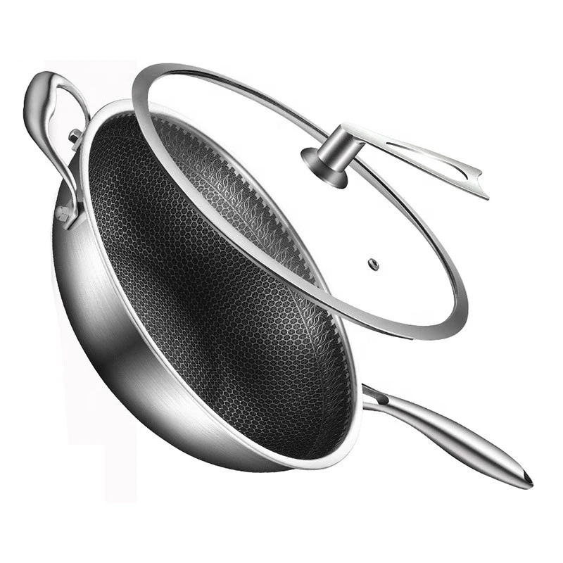 Non-stick double handle stir-fry pan honeycomb bottom pan metal cooking pan with steel handle