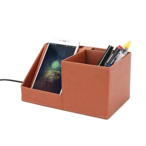 PU Leather Wireless Charging Pen Holder in Charger for Office