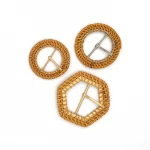 Rectangular Hand Weaving Rattan Wood Belt Buckles For Lady With Light Gold Middle Bar