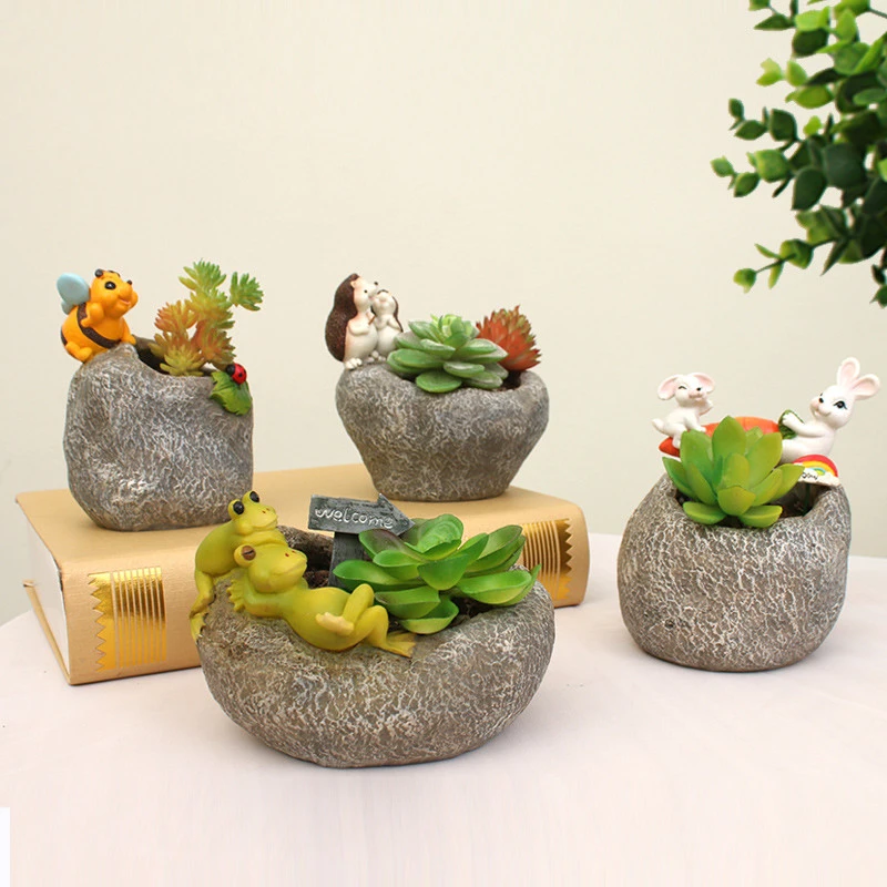 Roogo Cute Fairy Garden Miniature Imitation Stone Bunny Hedgehog Frog Bee Animal Planter Plant Box Succunlent Pots Handicrafts