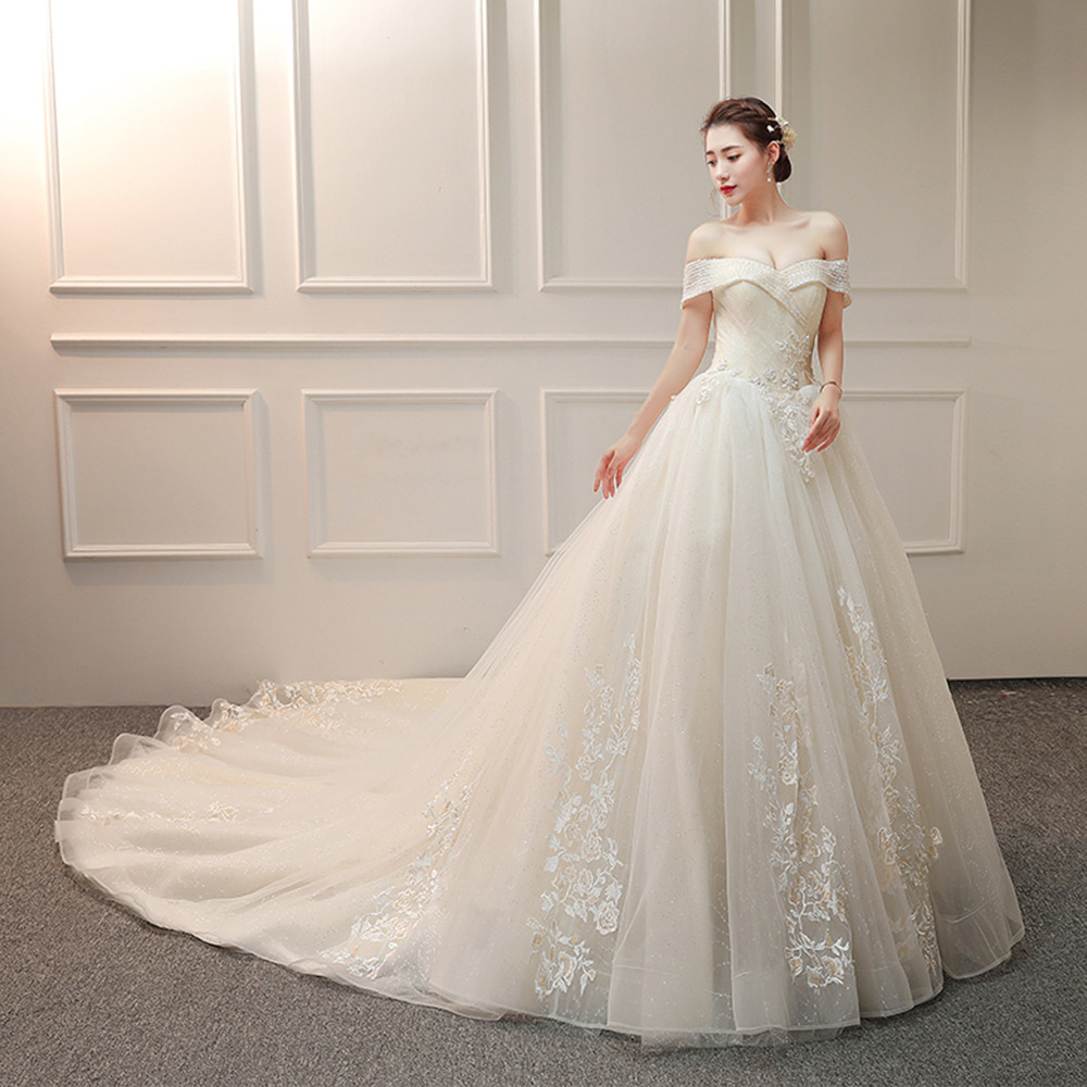 Sexy off shoulder wedding dress long train bridal gown 2019 a line custom made wedding dress