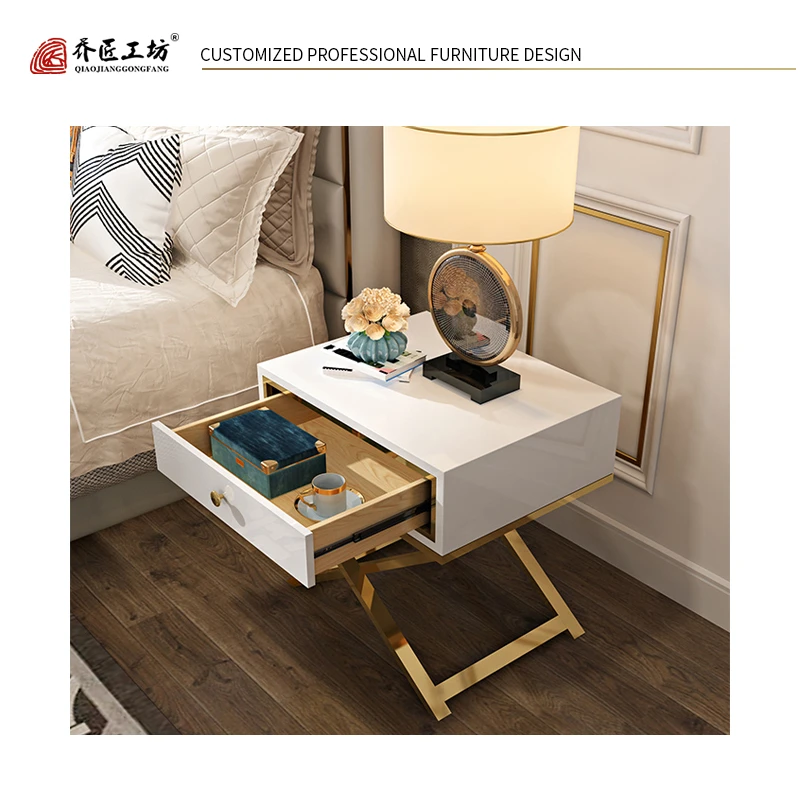 Simple Modern Wood Frame Stainless Steel 304 Bedside Table With Drawers Cabinet Nightstand