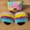 Stylish high quality fur slippers and purse sets fur slides with purse set