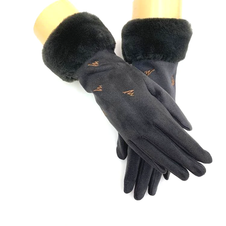 Styly comfortable lightning embroidered patterned fur mouth warm bicycle winter gloves can be customized with touch screen