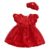 Summer Baby Toddler Girl Dress bubble puff sleeve Flower Headwear Princess Red Wedding Party Pageant Tulle TUTU Dresses