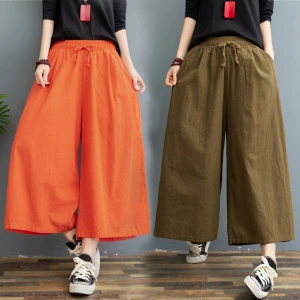 Summer Womens Loosely Thin Eighth Pants Cotton And Linen Drawstring  Wide-Leg Pants
