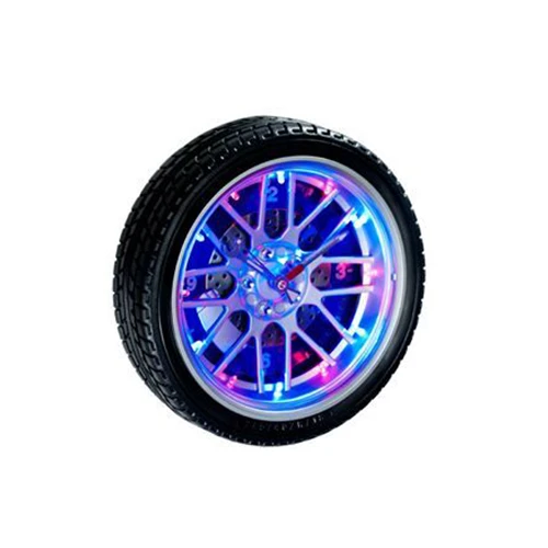 unique wheel shape plastic mechanical tyre wall clock with light