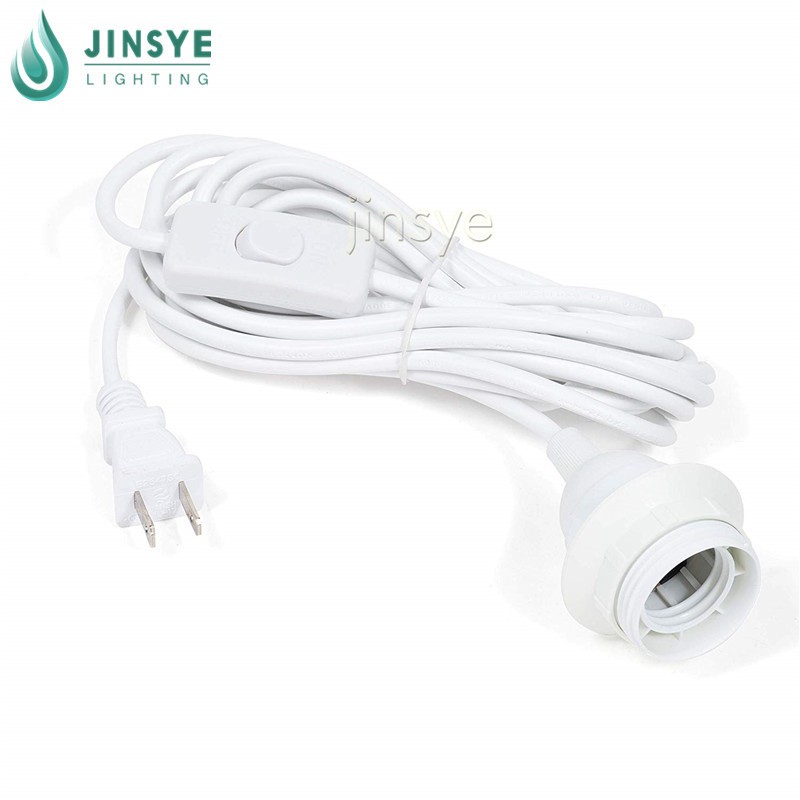 us cord set with E26 medium base socket white bulb holder on off switch plug in round electrical textile cable power cord