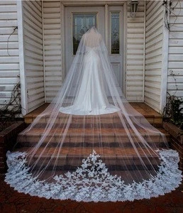 V213 One Layer Soft Bridal Illusion Tulle Cathedral Veil with Alencon Lace Bride Wedding Veils