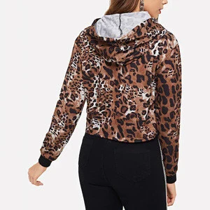 Wholesale custom women Leopard Print Drawstring Detail Hoodies sweatshirts
