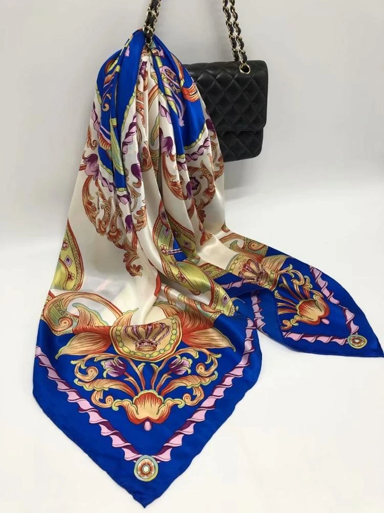 Wholesale Luxury 100% Newest Design Print Square Silk Scarf 90x90cm With Hand Stitching Edge
