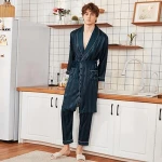 Wholesale Mens Silk Black Night Robe Mens Gown Set Pajamas