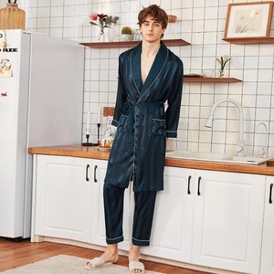 Wholesale Mens Silk Black Night Robe Mens Gown Set Pajamas