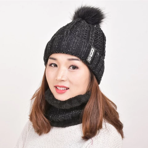 Winter Outdoor Cycling Hat Women Beanie Hat Winter Thick Scarf Mask Beanie Cap Set H0715