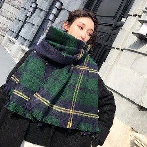 Women Classic Plaid  Scarf Wool Knitted Collar  Warm Long Double-sided Shawl