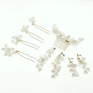 Women Prom Party Handmade Ceramic Flower Bridal Jewelry Set Crystal Headpiece Wedding Hair Accessories Earring