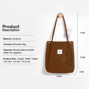 Women Tote Bags Grocery Shoulder Bag Corduroy With Inner Pocket For Work Beach Lunch Travel Shopping Shopper Handbags