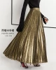 Womens Premium Metallic Shiny Shimmer Accordion Pleated Long Maxi Skirt