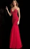 jersey embellished fitted prom dress with v-neckline, sleeveless fitted bodice, spaghetti straps, and low v-back, floor length fitted skirt with godet flared end.