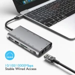 10-in-1 USB C Hub with Etherne+4K@30Hz HDMI-compatible+VGA+3 USB3.0+SD/TF Card Reader+Mic+USB-C PD 3.0 Power Charge