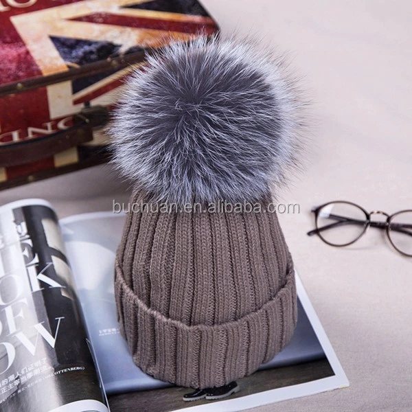 100% Wool knitted hat fur ball beanie custom winter hats with big pom poms