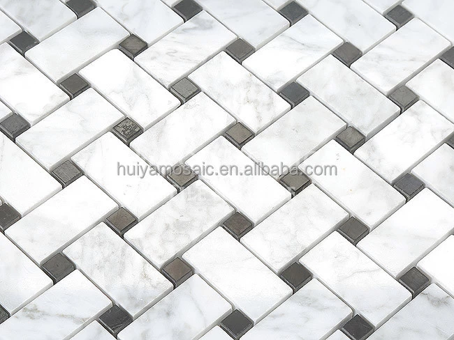 12"x12" White Carrara Marble stone mosaic tile basketweave tile kitchen backsplash bathroom black and white mosaic tiles