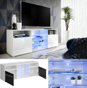 2018 Hot Sale White Wholesale Blue LED Light Wooden Tempered Glass TV Stands With Showcase