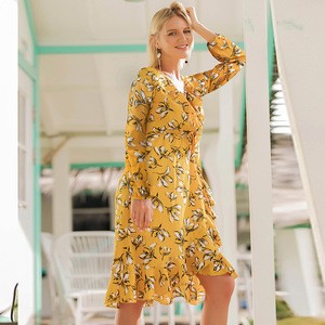 2019 Europe Fashion V Neck Long Sleeve Beach Dress Ruffle Asymmetrical Floral Mini Dress Chiffon Summer Dresses