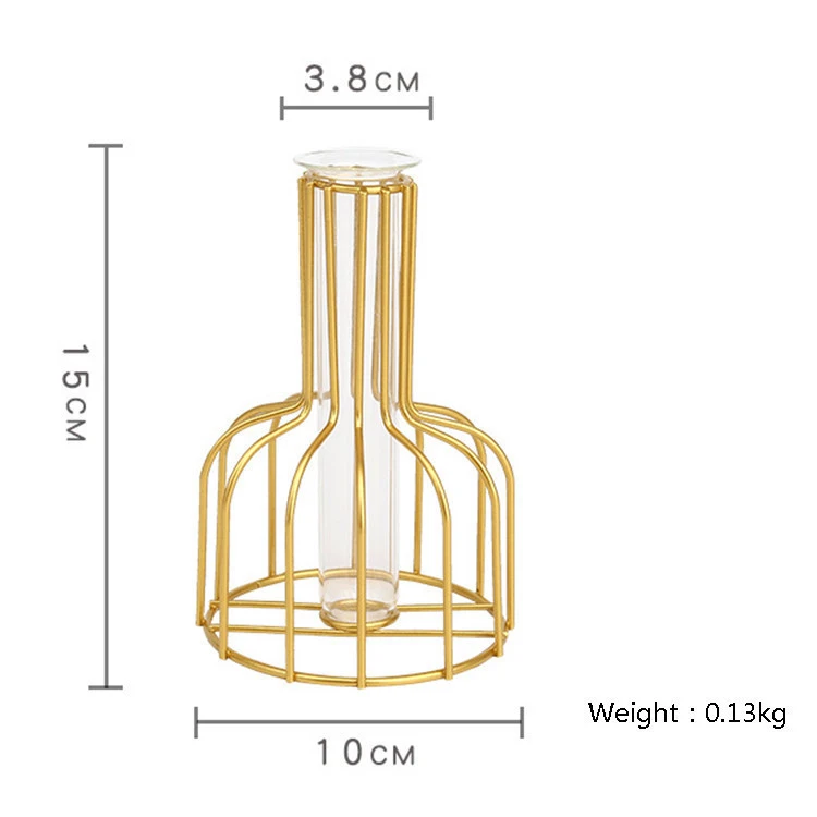 2020 Amazon Hot Sale Metal Frame Wrought Iron Flower Glass Vase Decoratieve Metal Wire Flower Vase