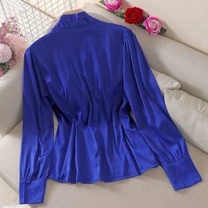 2020 Autumn New Elegant Women Silk Shirt with Belt/V Neck Long Sleeve Bow Tied Slim Pure Color Office Blouse for Women