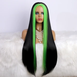 2020 new style green hair frontal  and black hair weft  short straight  synthetic front lace wig Glueless Heat Resistant fiber